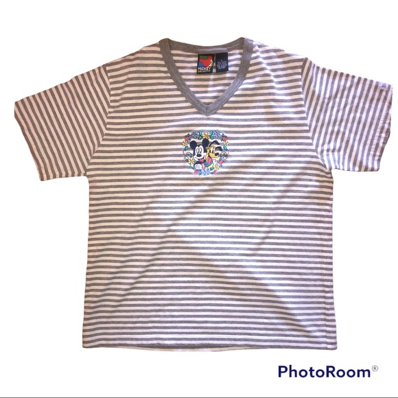 Disney Tops - Vintage Disney Mickey Unlimited Brand Gray Striped Women’s Size Large Tee